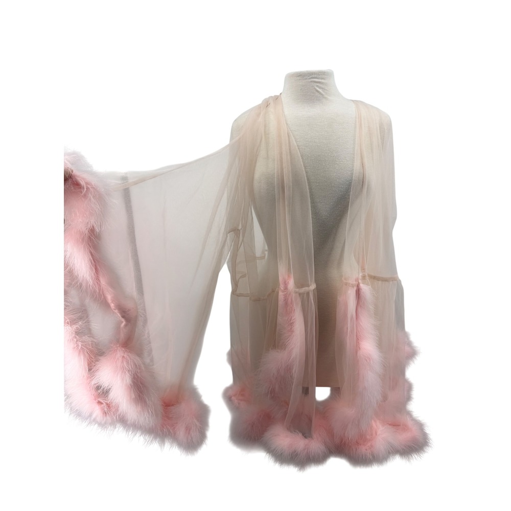 Unbranded Sheer Feather Trim Robe Womens OS Pink Mesh Glam Boudoir Peignoir